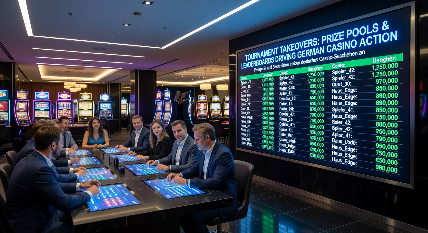 Dynamische Casino-Turnier-Rangliste mit steigenden Prize Pools und jubelnden Spielern auf Leaderboards