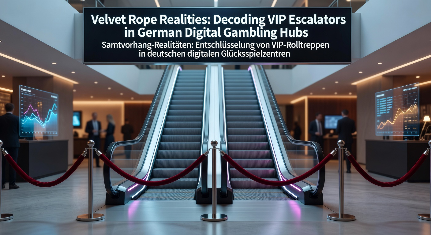 Ein stilisiertes Bild einer goldenen VIP-Treppe in einem digitalen Casino-Hintergrund mit leuchtenden Lichtern und exklusiven Symbolen